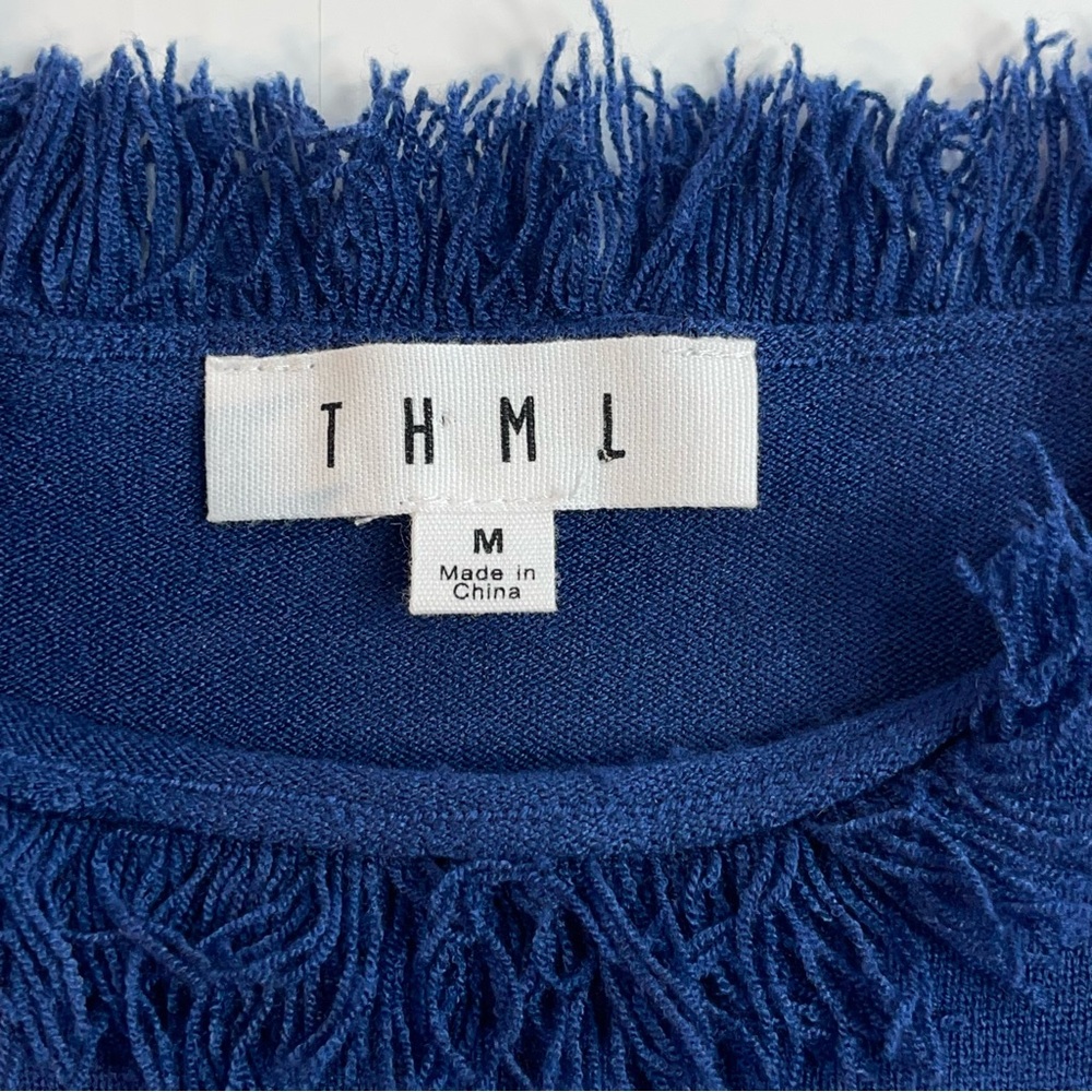THML Women's Blue Sweater Fringe Neck & Hem Rainbow Stripe Cuff Size Medium - Picture 4 of 8